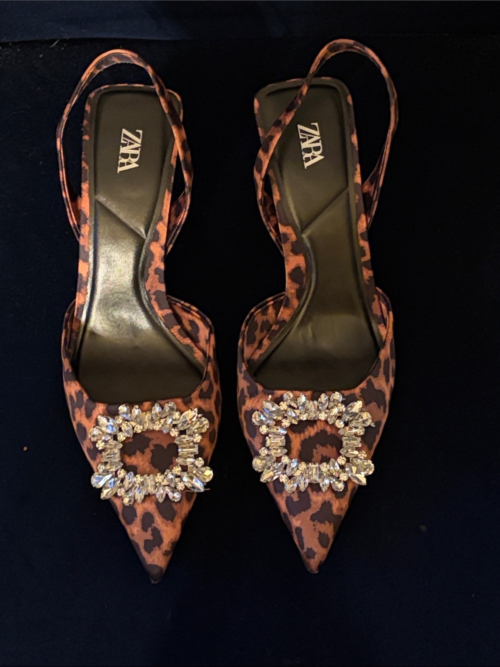 ZARA Leopard-Print Pointed Slingback Heels with Crystal Buckle